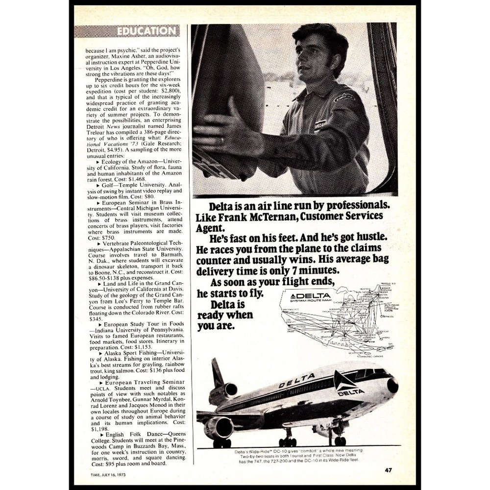 1973 Delta Airlines Wide-Ride DC-10 Jet Vintage Print Ad Suitcase Baggage Photo